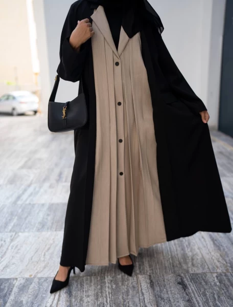 Black Blazer Abaya with Beige IB218 Beige