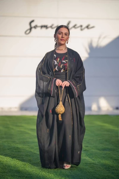 Bisht made of burlap and linen dress, in black with hand embroidery C:IB306