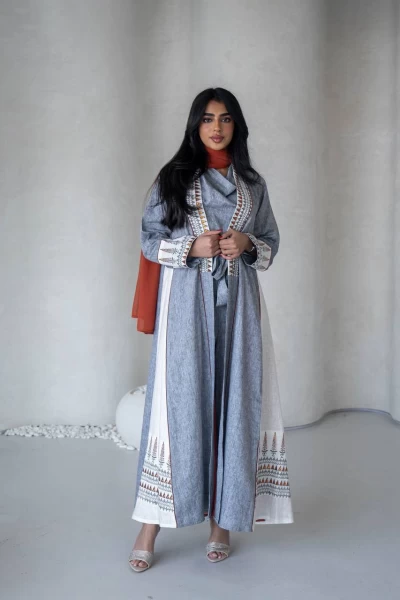 Linen abaya in light gray with embroidery IB278 Gray